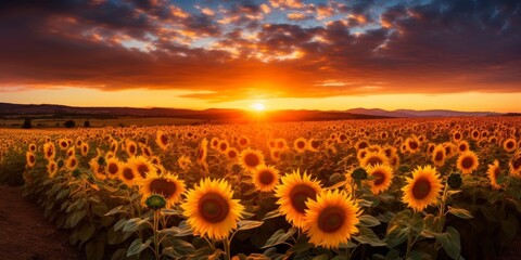 Fototapeta premium Stunning sunset over a field of vibrant sunflowers