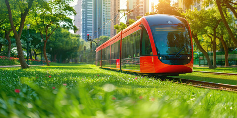 Obraz premium Closeup modern train in a scenic landscape, copy space. Detail of a high-speed train for intercity land travel.