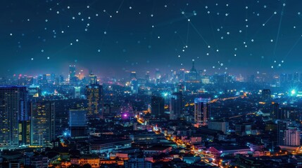 Fototapeta premium Banner smart city dot point connect with gradient line, connection technology metaverse concept AI generated