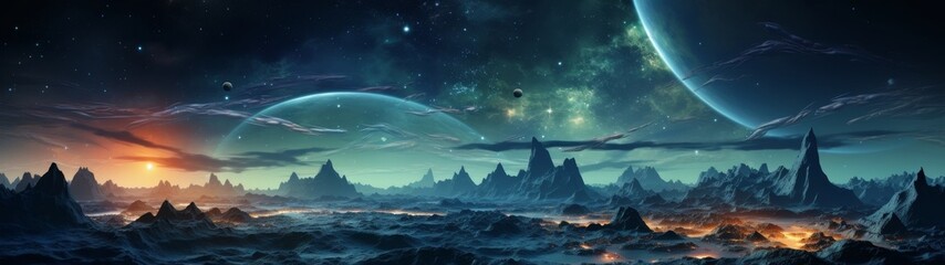 Alien landscape with planets and mountains