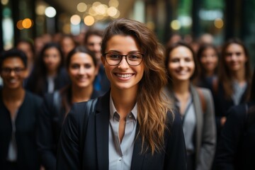 smiling woman in business attire in a crowd