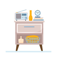 Flat nightstand concept with radio receiver and alarm clock. Interior items of cozy modern midcentury design with books and plaid on bedside table. Vector cartoon illustration with home decor elements
