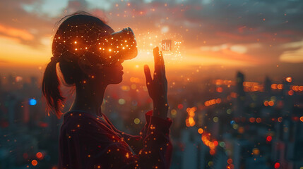In n the Era of Metaverse: Embracing Virtual Reality Connectivity. A woman holds the power of a global network connection, symbolizing the future of communication through internet and wireless tec