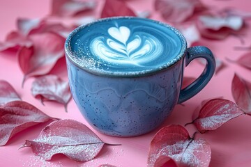 A striking image of a blue latte art in a textured ceramic mug surrounded by red autumn leaves, symbolizing coziness and creativity