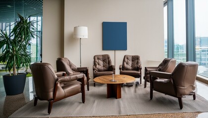 Lobby interior with armchairs in row and coffee table, window. Mock up wall