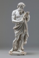 Obraz premium Marble statue of Poseidon using a smartphone, merging classical sculpture with modern digital life