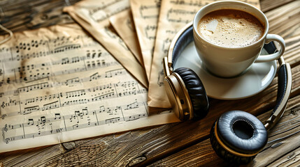 Headphones music sheets and cup of coffee on wooden ta