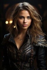 Fototapeta premium Mysterious woman in dark leather jacket