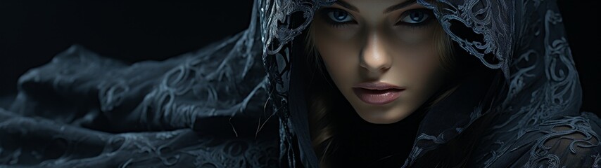 mysterious woman in dark hooded cloak