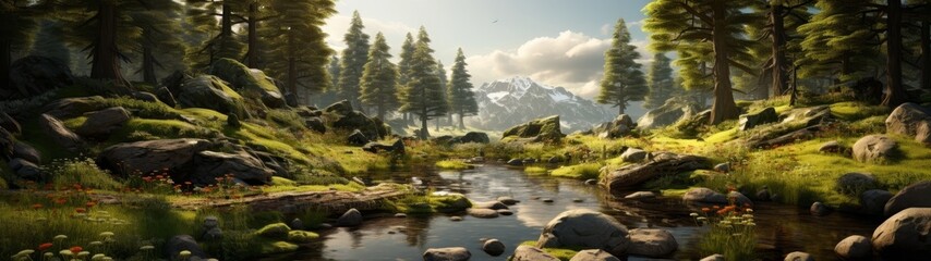 Serene mountain landscape with flowing stream