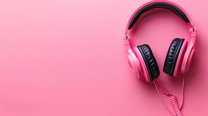 Headphones with microphone on pink background with spa