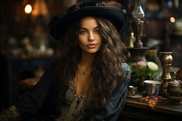 Fototapeta premium Mysterious woman in vintage clothing