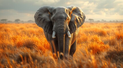 Noble Elephant in African Savannah - Super Realistic 2D Illustration with Copy Space for Text