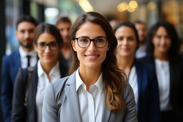 Fototapeta premium Smiling businesswoman with team in background