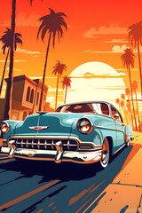 illustrated low rider on beach road, low rider, beach road low rider summer day, beach palm tree car low rider