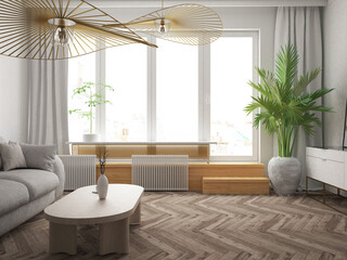 Luksusowy minimalistyczny elegancki salon z dużym obrazem artystycznym sofą z podsuszkami zasłonami i żyrandolami na suficie © VILKTERIO