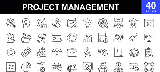 Project management icon set. Contains such icons as schedule, human resource, management, development, planning, strategy and more. Time management and planning concept