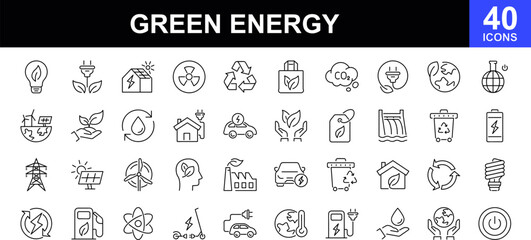 Green energy icon set. Collection of renewable energy, ecology and green electricity icons. Ecology concept.Contains such icons as CO2 neutral, solar, geothermal and wind energy and more