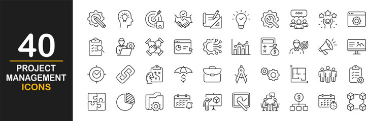 Project management icon set. Contains such icons as schedule, human resource, management, development, planning, strategy and more. Time management and planning concept