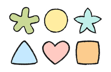 Crayon color kids geometric shapes. Chalk square, triangle, star, circle, heart. Handwriting vector figures. Best for children theme, poster, texture