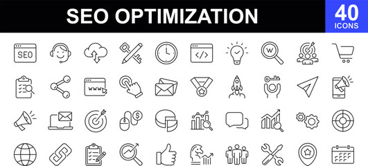 SEO optimization icon set. Search engine optimization. Contains such icons as search engine optimization, target, keywording and content development and more. Vector illustration
