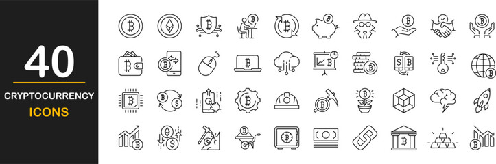 Cryptocurrency icon set. Blockchain technology icon set. Contains such icons as bitcoin, wallet, chip, mining, cryptography, exchange, payment and more. Vector illustration