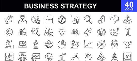 Business strategy icon set. Contains such icons as action list, research, solution, team, marketing, startup, advertising, business process, management and more
