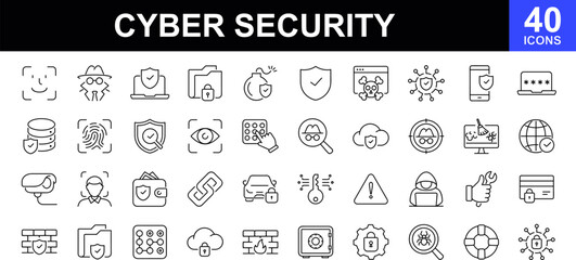 Cyber security icon set. Computer and internet security symbols icons set. Contains such icons as data protection, spam, security, antivirus, password, privacy, padlock, hacker and more