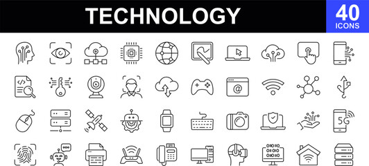 Technology icon set. Contains such icons as ai, robotics, cloud, automation, communication, geolocation, 5G, programming and more. Vector illustration