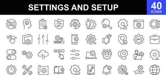 Setting and setup icon set. UI icon set. Contains such icons as gear, adjustments, setup, preferences, containing options, controls, service, operation icons and more. Vector illustration