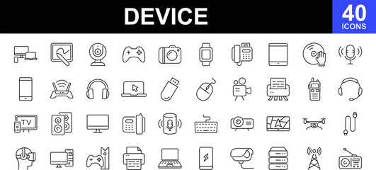 Device icon set. Contains such icons as smart devices, technology, computer monitor, smartphone, electronic devices and gadgets, tablet, laptop, drone and more. Vector illustration