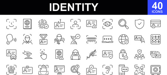 Identity icon set. Identity web icons in line style. Contains such icons as ID card, verification, document, fingerprint, identification, passport, DNA and more. Vector illustration