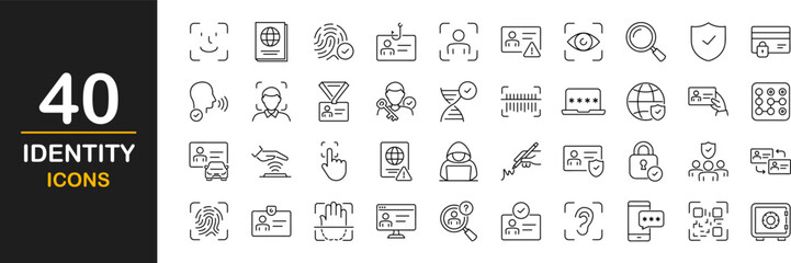 Identity icon set. Identity web icons in line style. Contains such icons as ID card, verification, document, fingerprint, identification, passport, DNA and more. Vector illustration