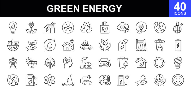 Green energy icon set. Collection of renewable energy, ecology and green electricity icons. Ecology concept.Contains such icons as CO2 neutral, solar, geothermal and wind energy and more