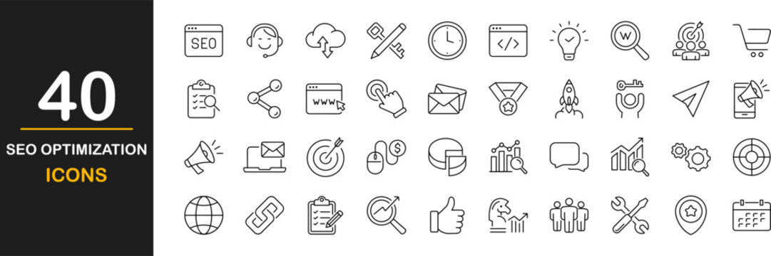 SEO optimization icon set. Search engine optimization. Contains such icons as search engine optimization, target, keywording and content development and more. Vector illustration