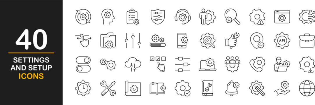 Setting and setup icon set. UI icon set. Contains such icons as gear, adjustments, setup, preferences, containing options, controls, service, operation icons and more. Vector illustration