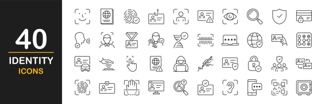 Identity icon set. Identity web icons in line style. Contains such icons as ID card, verification, document, fingerprint, identification, passport, DNA and more. Vector illustration
