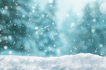 Obraz premium Serene winter background capturing the essence of the season with delicate snowflakes falling gently against a soft, blurred forest backdrop, evoking a peaceful, cold, and tranquil atmosphere