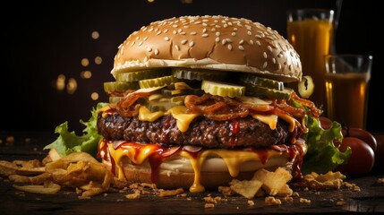Delicious Cheeseburger with Fries and Drink