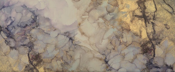 Smoke Abstract beige, bronze and gold glitter watercolor painting. Marble texture horizontal background. Alcohol ink.