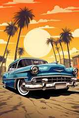 illustrated low rider on beach road, low rider, beach road low rider summer day, beach palm tree car low rider