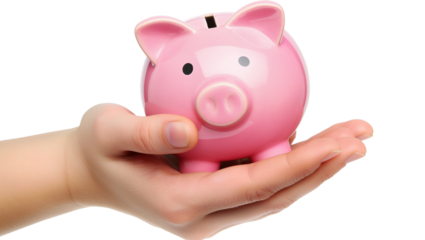 Hand holding pink piggy bank isolated on transparent isolated a white background
