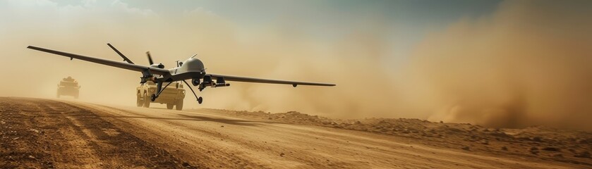Naklejka premium A military drone prepares to land on a dusty desert road, stirring up clouds of sand as a convoy follows closely behind. 