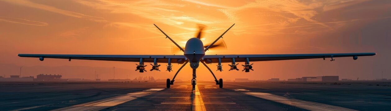 A military drone equipped with missiles is poised for takeoff on a runway at sunset, emphasizing readiness and strategic deployment.

