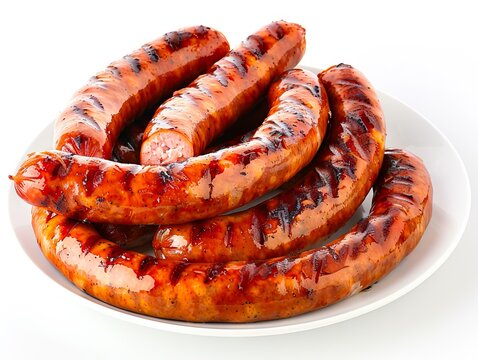 A plate of sausages on a white background.