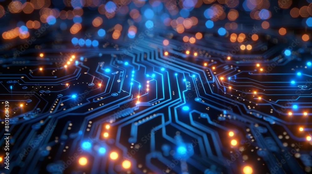 Poster futuristic technology design, an abstract tech background of a glowing circuit board, ideal for scie