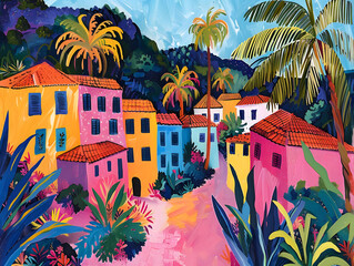 a painting of a tropical village with colorful houses and palm trees