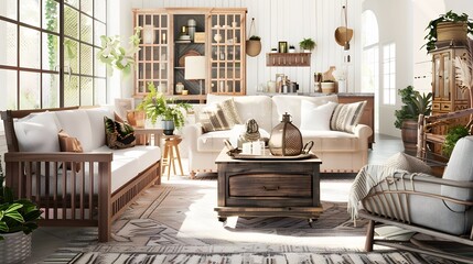 farmhouse inspired living room with distressed wood furniture, vintage textiles, and fresh, botanical accents