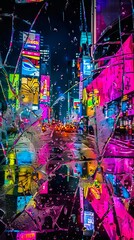 A broken glass window with colorful lights in the city.