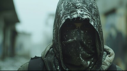 A close-up of a man wearing a mask and a hood. The man's eyes are hidden by the mask, and his face is obscured by the hood.